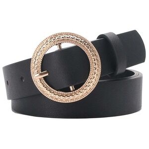 Commense Women's Black Belt‎ Gold Circle Buckle Fashion Dress Casual Waist Belt